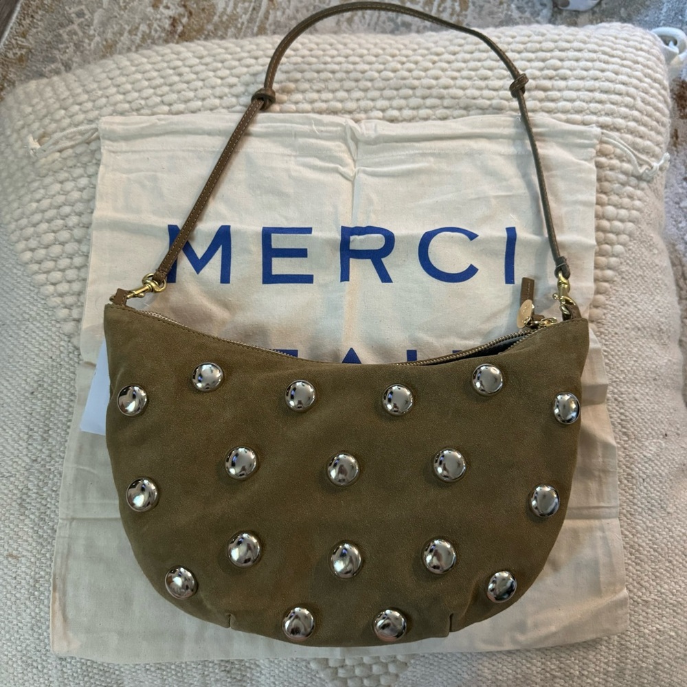 CLARE V Lune Shoulder Bag Oat Suede with Studs Studded Handbag NWT - Picture 3 of 5